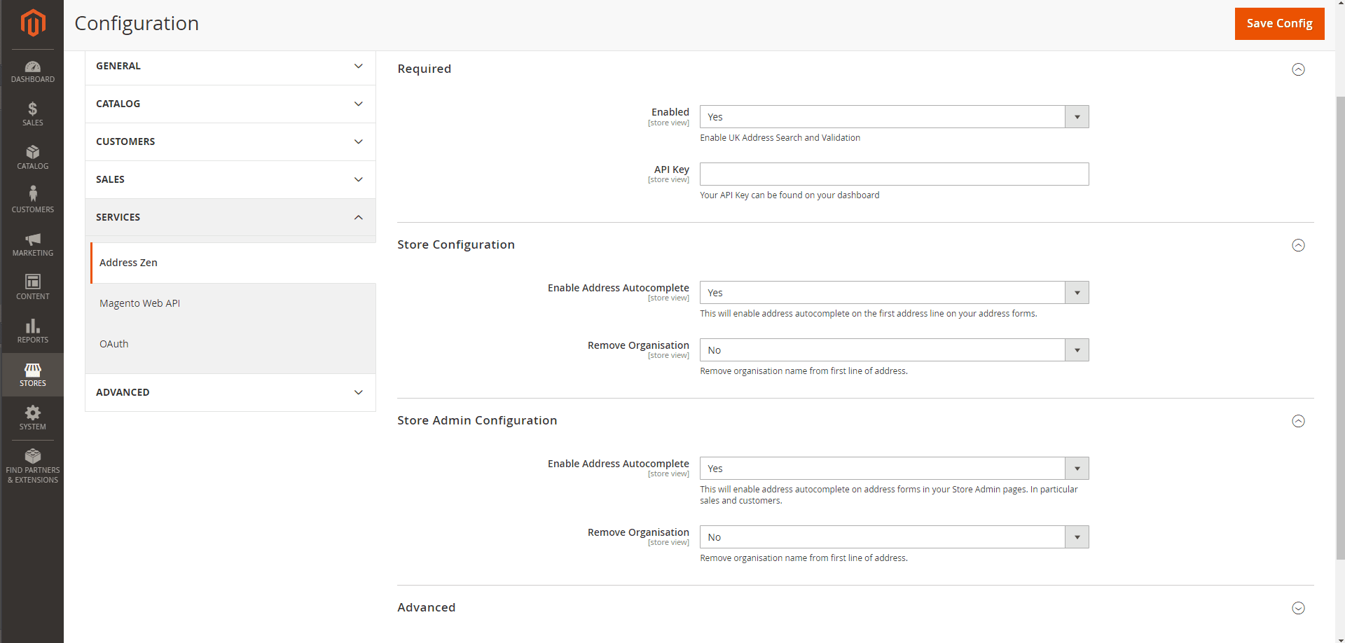 AddressZen configuration in Adobe Commerce admin panel