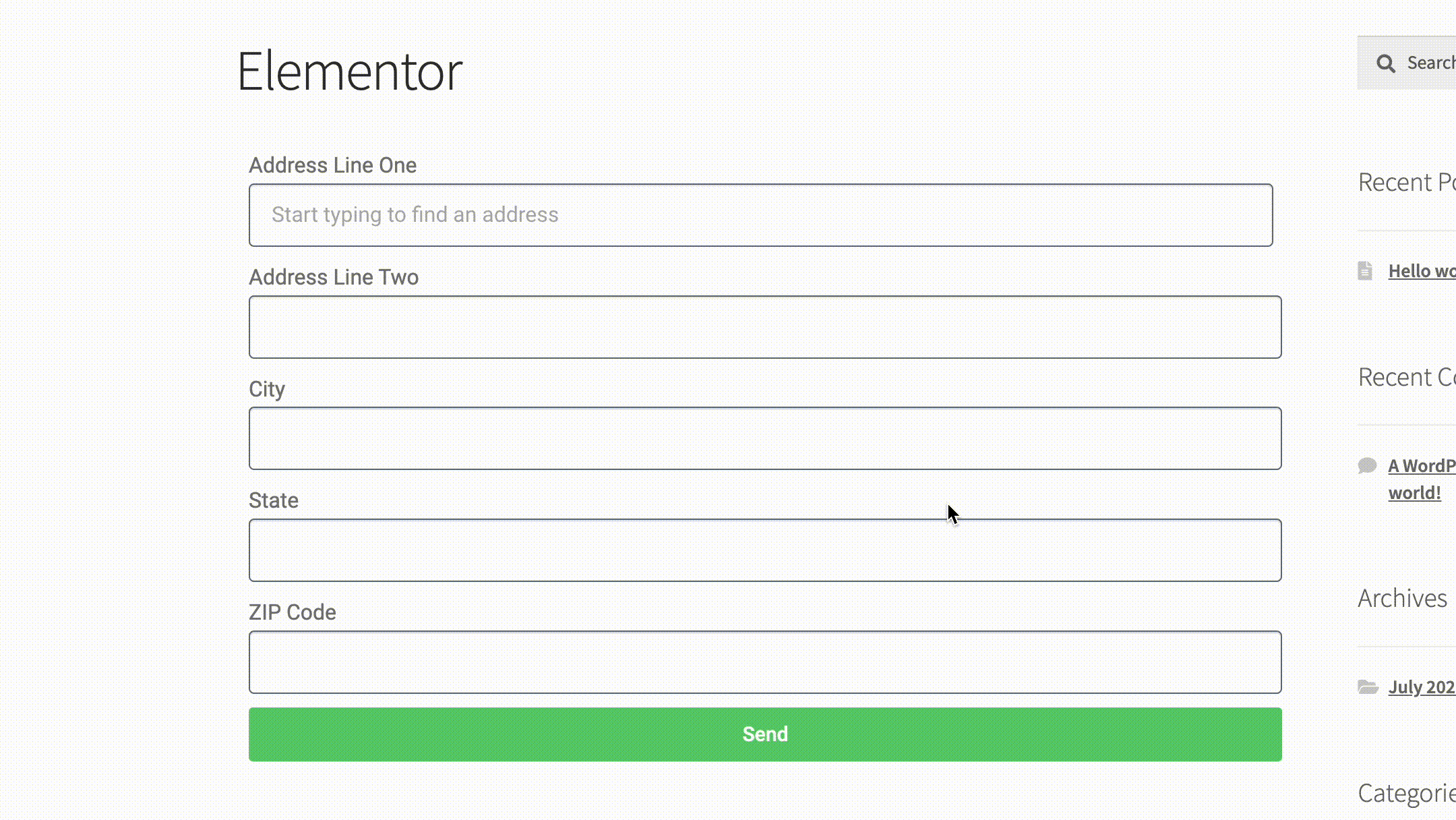 AddressZen address lookup demo in Elementor form